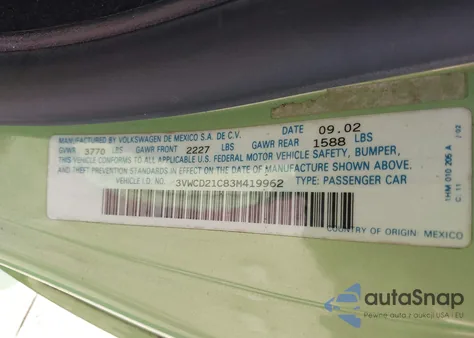 2003 Volkswagen New Beetle Gls 1.8T из США, поврежденный, VIN 3VWCD21C83M419962